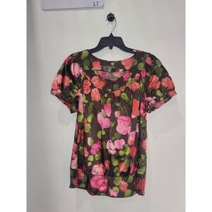 Womens Apt 9 short sleeve floral blouse brown pink & green size Medium